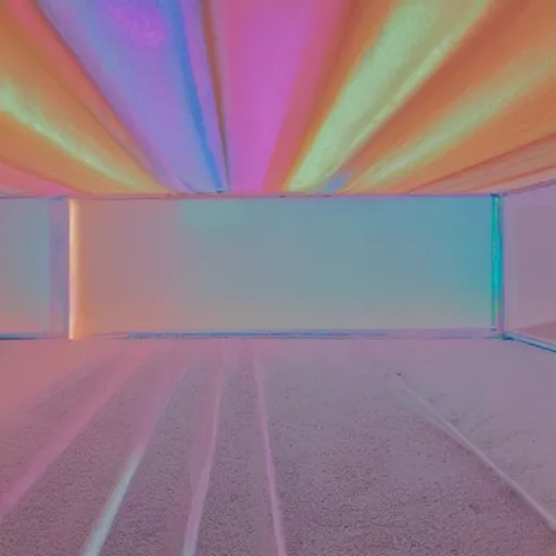 Image similar to a pastel coloured Polaroid photo of a luxurious sun bed and sun shade made of transparent iridescent perspex stood in a field, beams of light, nostalgic