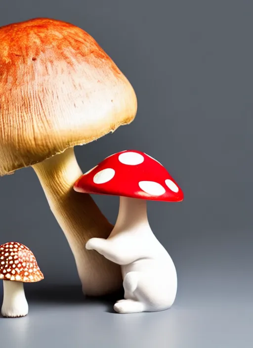 Image similar to studio portrait still of cute creature sitting next to a mushroom, 8 k, studio lighting, key light,