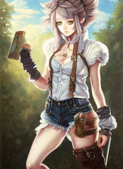 Image similar to a portrait of catgirl wearing white vest, and denim shorts an ultrafine detailed painting, detailed painting, boris valejo. octopath traveler