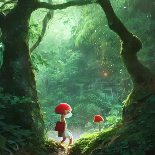 Prompt: a tiny mushroom person with a mushroom for a head walking by a stream in a lush forest. cgsociety masterpiece, artstation trending, by rossdraws, ghibli, Kimi no Na wa, greg rutkowski