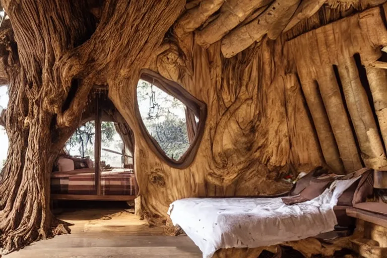 Image similar to a bed made of chocolate inside a tree house