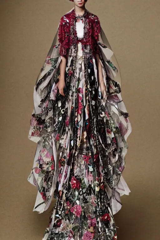 Prompt: hungarian folk costume made by valentino resort ss 2 0 1 6, sheer layered floral dress, chain jewelry, coin veil, cute young model portrait