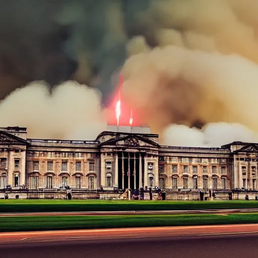Image similar to photography of Buckingham palace collapsing in flames and dark smoke, VFX, cinematic, rule of thirds, golden ratio, evening