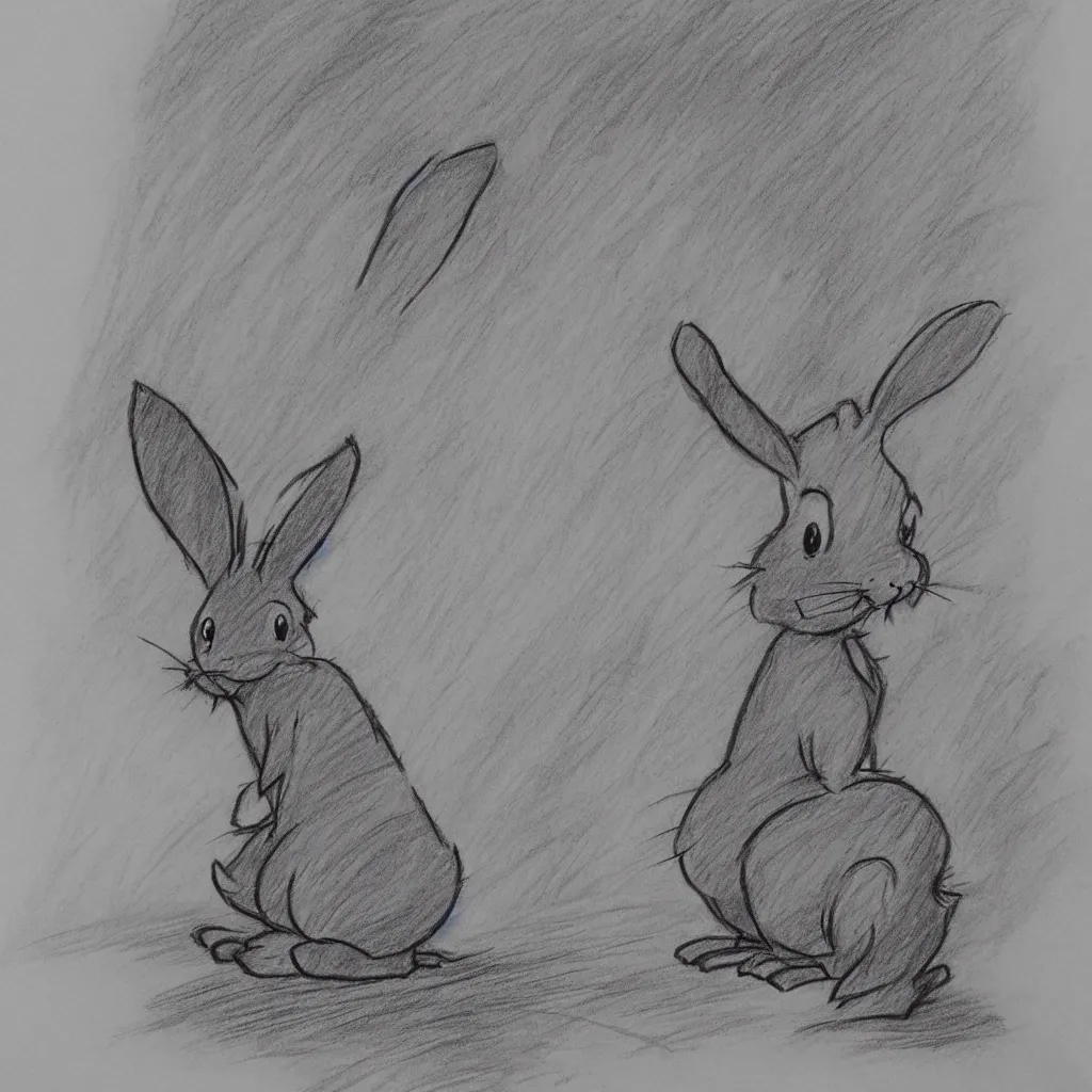 Prompt: milt kahl pencil sketch of a rabbit in the forest facing away disney style