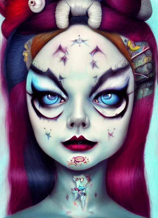 Image similar to pop surrealism, lowbrow art, realistic harley quinn painting, japanese street fashion, hyper realism, muted colours, rococo, natalie shau, loreta lux, tom bagshaw, mark ryden, trevor brown style,