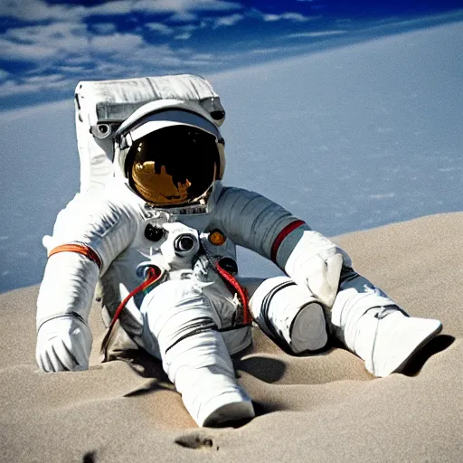 Image similar to an astronaut lounging in the beach, dramatic lighting, cinematic, extremly high detail, photorealistic, cinematic lighting, nasa footage