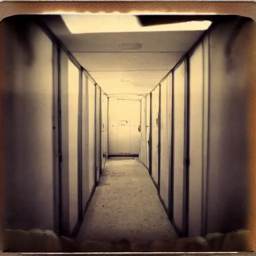 Image similar to inside a hallway made of empty medical tents, eerie, surreal, creepy, old polaroid, expired film,