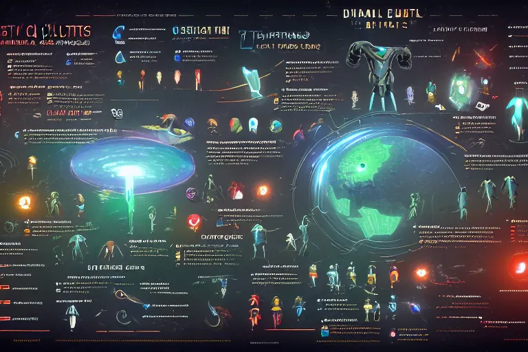 Image similar to detailed infographic poster on a digital piece of paper, depicting humanity's stats, abilities and popularity with various extraterrestrial cultures, in the style of wlop, illustration, epic, fantasy, hyper detailed, smooth, unreal engine, sharp focus, ray tracing