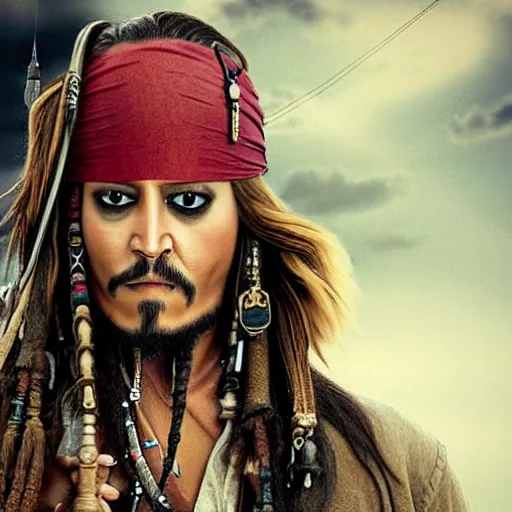 Image similar to jack sparrow with a parrot on the shoulder, realistic portrait, 8k resolution, hyper detailed, studio lighting, cinematic, sharp