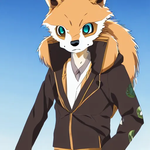 Image similar to key anime visual portrait of an anthropomorphic anthro wolf fursona, in a jacket, with handsome eyes, official modern anime art