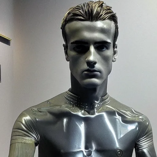 Image similar to “ a realistic detailed photo of a guy who is an attractive humanoid who is half robot and half humanoid, who is a male android, soccer player antoine griezmann, shiny skin, posing like a statue, blank stare, at the museum, on display ”