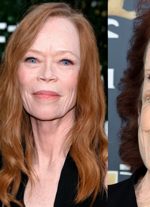 Prompt: a genetic combination sissy spacek and sigourney weaver, blond hair, brown eyes, face and shoulders focus