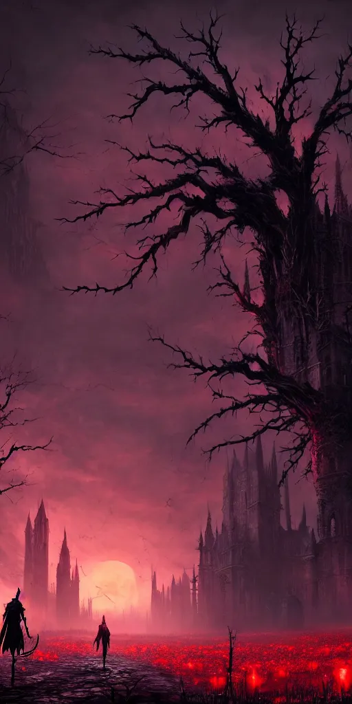 Image similar to abandoned bloodborne old valley with a person at the centre and a ruined gothic city at the end, trees and stars in the background, falling red petals, epic red - orange moonlight, perfect lightning, wallpaper illustration by niko delort and kentaro miura, 4 k, ultra realistic