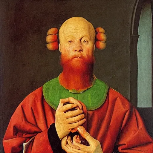 Prompt: oil painting by jan van eyck of a man holding a turkey leg over his head.