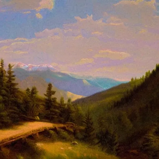 Prompt: Colorado mountains beautiful landscape derailed painting in the style of 19th century Hudson river school art