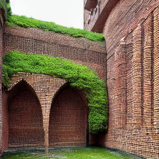 Image similar to courtyard complex of a labyrinthine monastary made of fractal resursively stacked bricks, fusion of carlo scarpa and thomas heatherwick, moss and ivy growing on the bricks, architectural photography