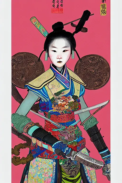 Image similar to full view, from a distance, of anthropomorphic trashcan as a girl warrior from the qing dynasty, full of trash, style of yoshii chie and hikari shimoda and martine johanna, highly detailed