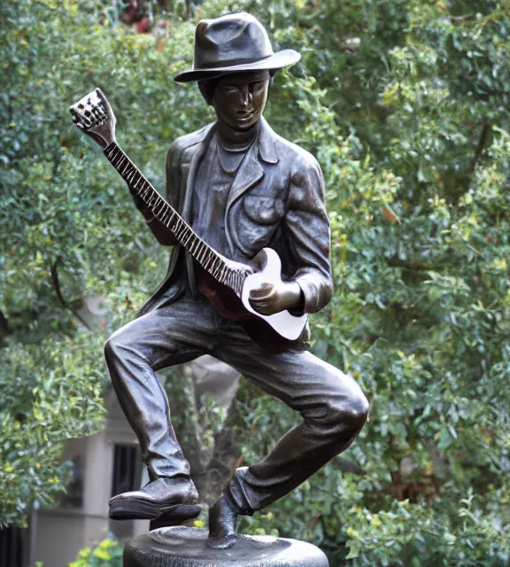 Image similar to a 4 k photorealistic photo medium shot of a bronze statue of a young man wearing a fedora holding a guitar.