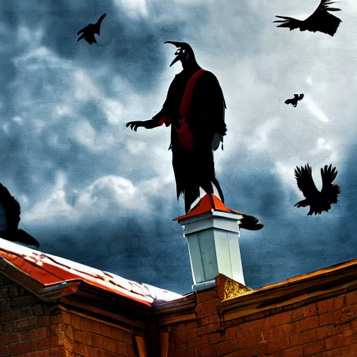 Image similar to A clown on the roof of the church playing with crows, futurist, digital art, dramatic lighting, symbolic