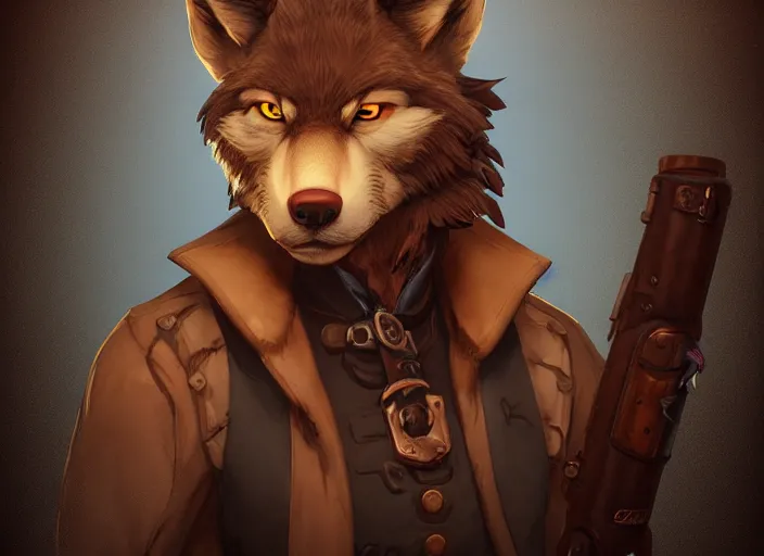 Image similar to character portrait icon of the anthro male anthropomorphic wolf fursona wearing cowboy outfit wild west desperado character design stylized by charlie bowater, ross tran, artgerm, and makoto shinkai, detailed, soft lighting, rendered in octane