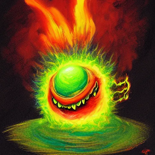 Image similar to a tennis ball monster ,tennis ball, fire, flames, lightning, rain, chalk, digital art, fantasy, magic, trending on artstation, ultra detailed, professional illustration by Basil Gogos