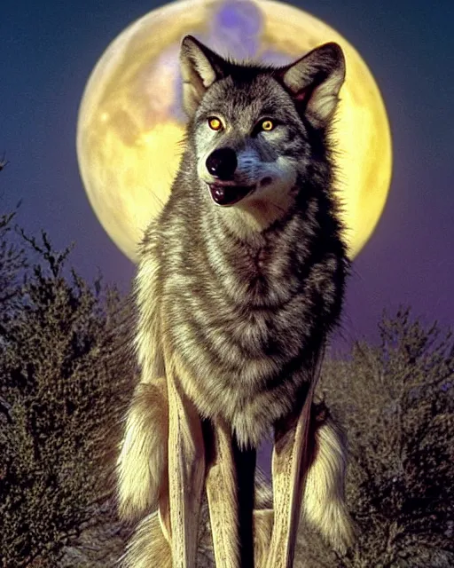 Image similar to Tall emaciated man wolf hybrid, covered in matted fur, he has yellow wolf eyes, a long bent rat like tail, long coyote like ears, and is Wearing a purple velvet cape with a silver Top Hat, Atmospheric Full Moon, highly realistic, Rick Baker style, photoreal, photograph in the style of Annie Leibovitz