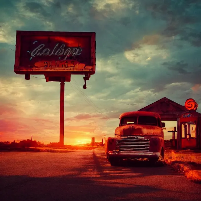 Image similar to a sunset light landscape with historical route 6 6, lots of sparkling details and sun ray ’ s, blinding backlight, smoke, volumetric lighting, colorful, octane, 3 5 mm, abandoned gas station, old rusty pickup - truck, beautiful epic colored reflections, very colorful heavenly, softlight