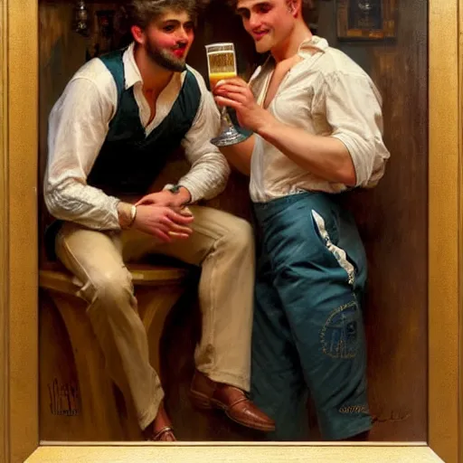 Image similar to attractive maculine male with brunet hair and attractive masculine male with blond hair. pants and shorts, drinking their hearts out, in a pub. highly detailed and very defined painting by gaston bussiere, j. c. leyendecker, craig mullins 8 k