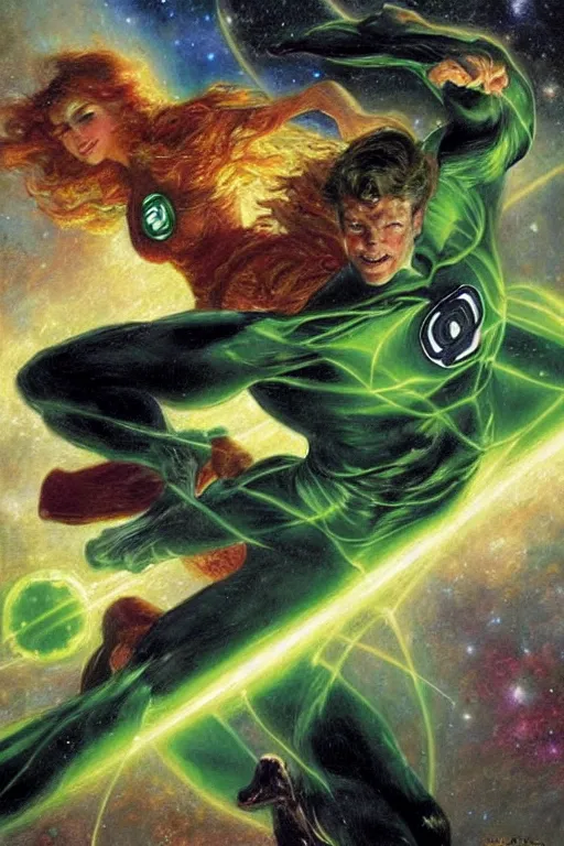 Image similar to green lantern flying through space. art by gaston bussiere.