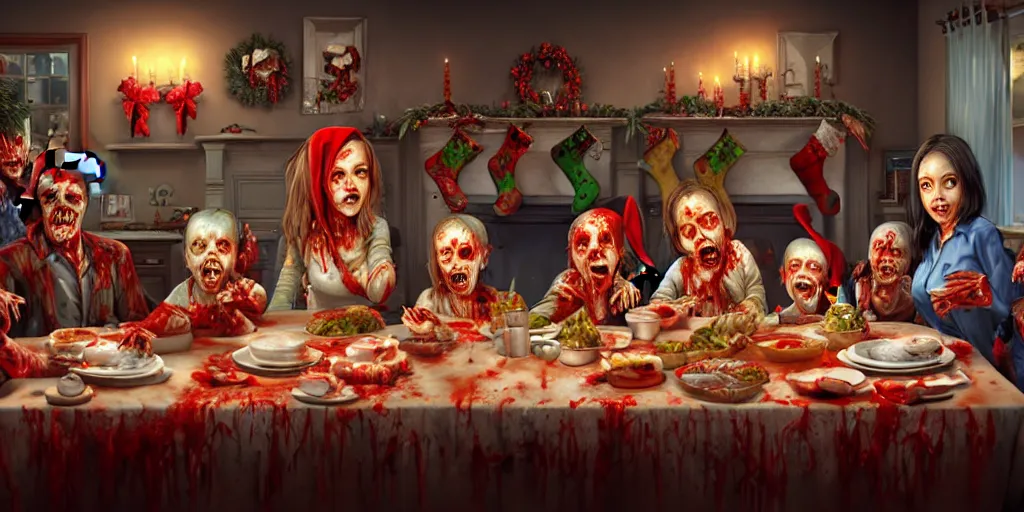 Prompt: a zombie family christmas diner, wide angle, super highly detailed, professional digital painting, artstation, concept art, smooth, sharp focus, no blur, no dof, extreme illustration, unreal engine 5, photorealism, hd quality, 8 k resolution, cinema 4 d, 3 d, beautiful, cinematic, art by stanley lau and artgerm