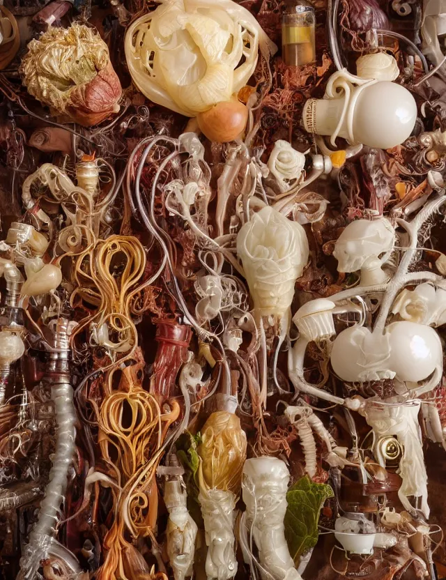 Image similar to a well - lit studio photograph of various earth - toned plastic translucent artificial hearts and organs, some wrinkled resembling reddish brown plastic cabbage, some long, various sizes, textures, and transparencies, beautiful, smooth, layered detailed, intricate art nouveau internal anatomy model