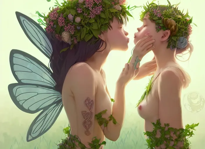 Image similar to two cute fairy girls kissing with crown of flowers in plants bikini covered with celtic rune tattoos, fantasy, by atey ghailan, by greg rutkowski, by greg tocchini, by james gilleard, by joe gb fenton, by in kaethe butcher, dynamic lighting, gradient light green, brown, blonde cream and white color in scheme, grunge aesthetic