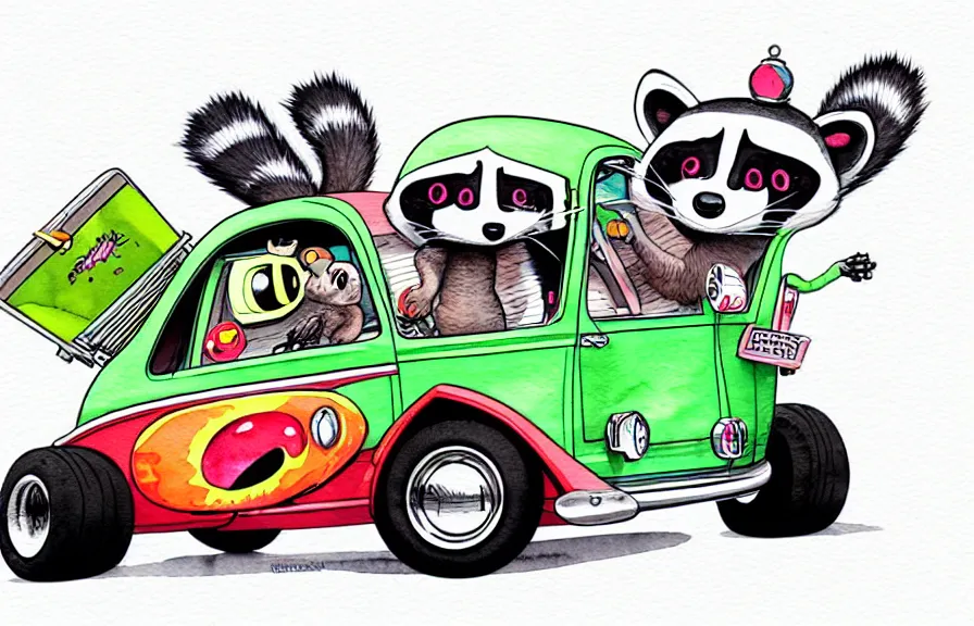 Image similar to cute and funny, racoon riding in a tiny hot rod coupe with oversized engine, ratfink style by ed roth, centered award winning watercolor pen illustration, isometric illustration by chihiro iwasaki, edited by range murata