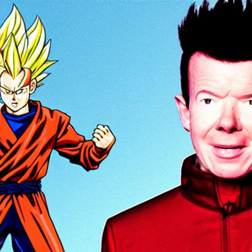 Image similar to rick astley as a super saiyan