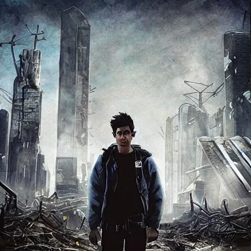 Image similar to “an android boy in a post apocalyptic, over grown super metropolis searching for people.”