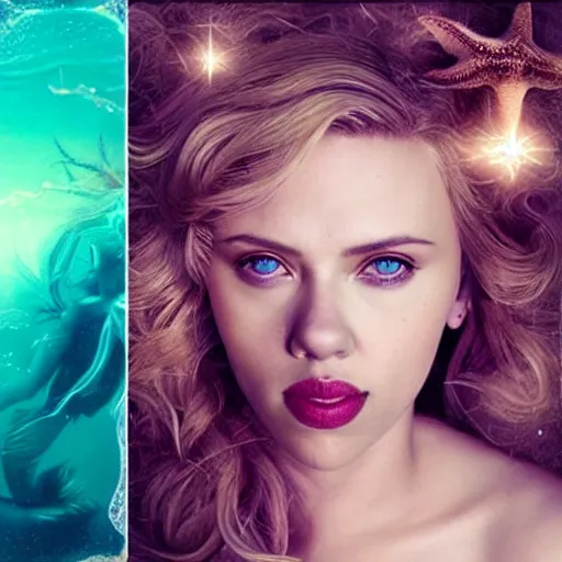 Prompt: “Scarlett Johansson portrait, fantasy, mermaid, cartoon, pearls, glowing hair, shells, gills, crown, water, highlights, starfish”
