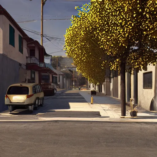 Image similar to streets made of pure gold in suburban American neighbourhood photorealistic highly detailed render, oaxaca, octane rendering, volumetric uplight