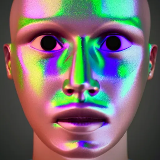 Image similar to 3d render of holographic human robotic head made of glossy iridescent, surrealistic 3d illustration of a human face non-binary, non binary model, 3d model human, cryengine, made of holographic texture, holographic material, holographic rainbow, concept of cyborg and artificial intelligence