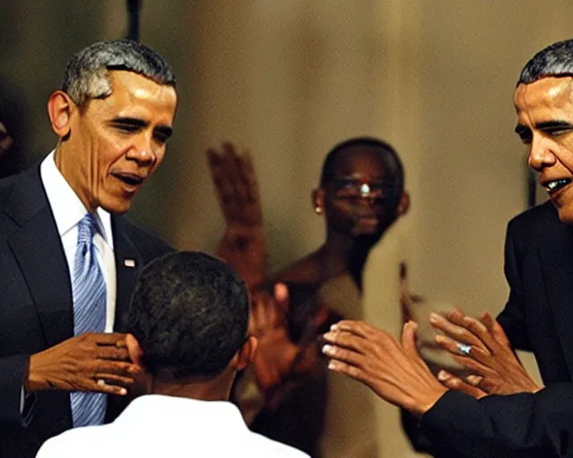 Prompt: obama the pinmp casting a holy spell on a believer. megachurch. brotha