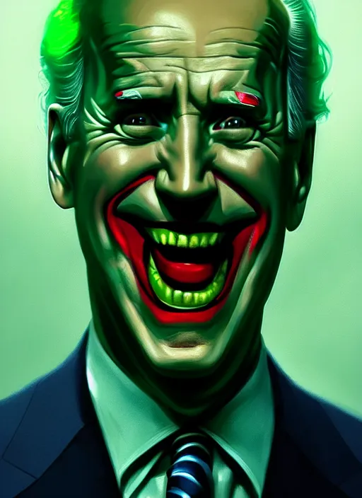 Image similar to portrait of joe biden as the joker, green hair, intricate, elegant, glowing lights, highly detailed, digital painting, artstation, concept art, sharp focus, illustration, art by wlop, mars ravelo and greg rutkowski