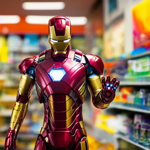 Image similar to Iron Man working as a 7/11 cashier, macro, wide shot, very detailed