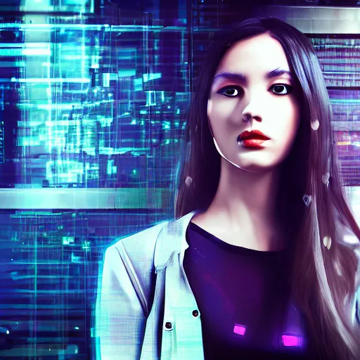 Image similar to portrait of techno cyberpunk girl in fron of abstract background photorealistic