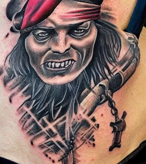 Image similar to A realistic painting of a pirate ship, realism tattoo design, highly detailed tattoo, shaded tattoo, hyper realistic tattoo