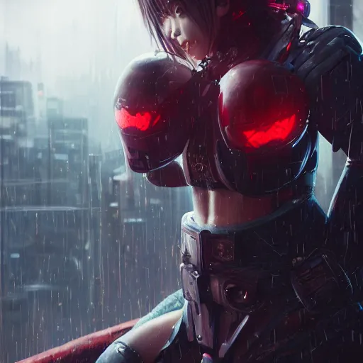 Prompt: An realistic epic fantastic comic book style portrait painting of a female cyber samurai by WLOP, black and reddish color armor, cyberpunk feel raining at tokyo rooftop, Concept world Art, unreal 5, DAZ, hyperrealistic, octane render, cosplay, RPG portrait, dramatic lighting, rim lights