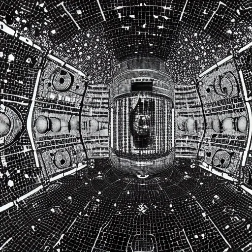 Prompt: a black and white drawing of a chrome space station filled with equipment, a microscopic photo by ernst haeckel, zbrush central, kinetic pointillism, bioluminescence, intricate patterns, photoillustration