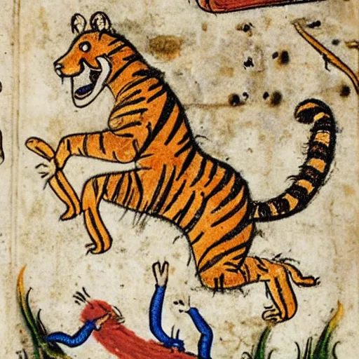 Image similar to tiger fire with many legs flying in a medieval manuscript, medieval manuscript, golden miniatures