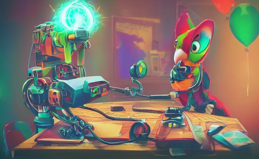 Image similar to “ one cute parrot with very big eyes, wearing a bandana and chain, holding a laser gun, standing on a desk, digital art, award winning, in the style of the movie zootopia ”