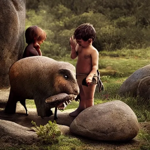 Prompt: “ kids in stone age looking for food, realistic ”