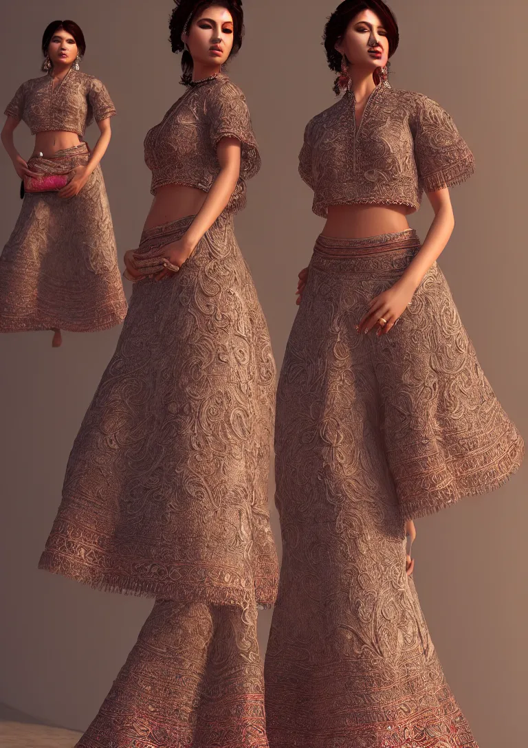 Image similar to cloths on mexican style, high detailed intricate fashion clothing, cotton texture, silk colors, ultra realistic, octane render, volumetric lights, long, wide skirts, loose - fitting blouses, elaborate hairstyles, and intricate embroidery, female cloths