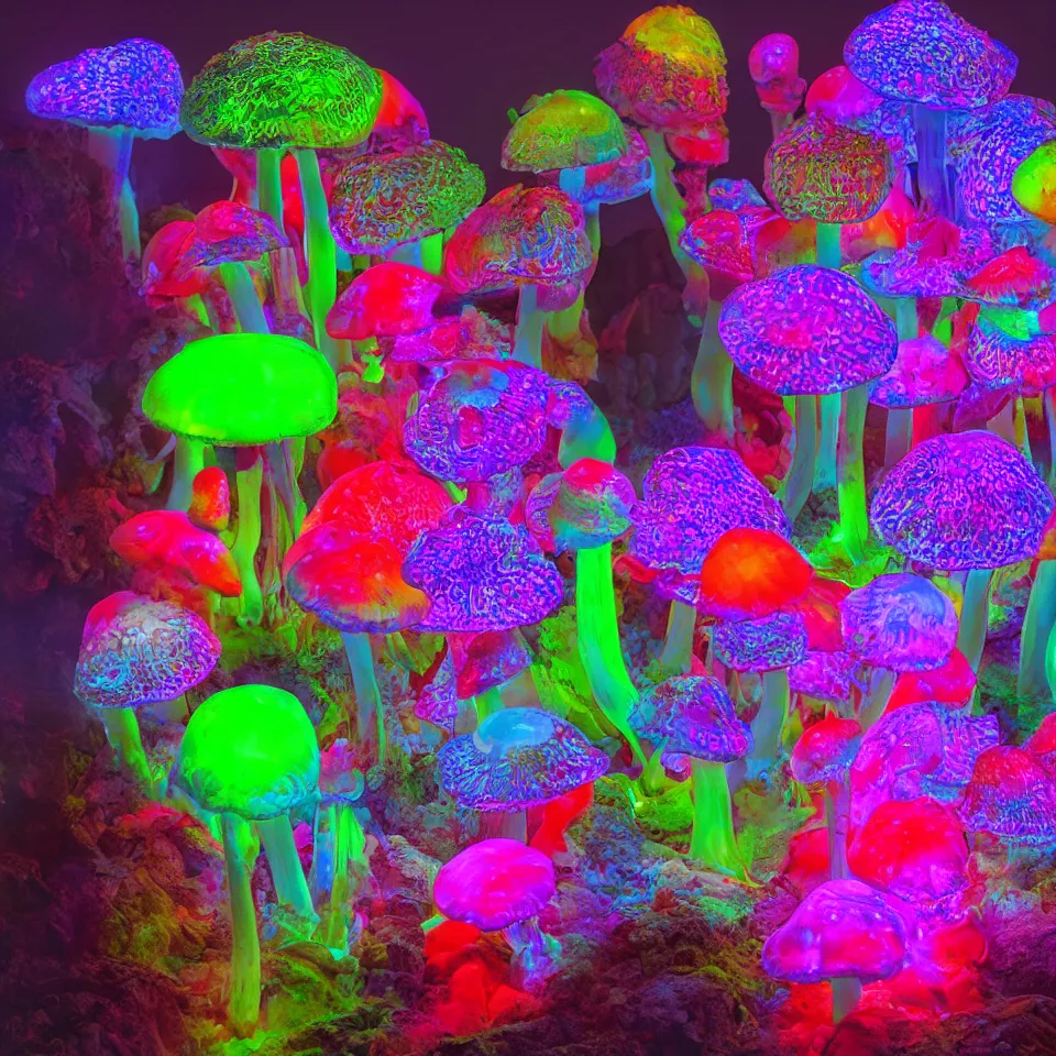 Prompt: a bioluminescent parametric mushroom with veins, deep color, hyperrealistic, lava lamp styling, jeff koons, chihuily